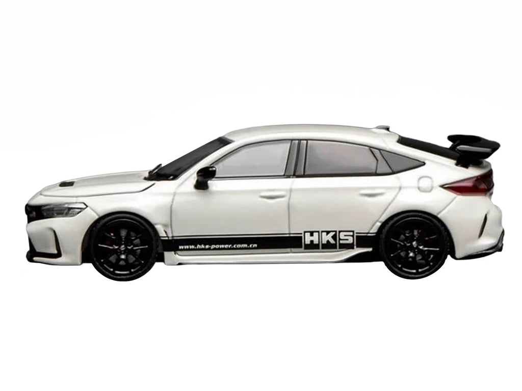 Honda Civic Type R (FL5) RHD (Right Hand Drive) "HKS" White with Black Stripes 1/64 Diecast Model Car by MotorHelix-0