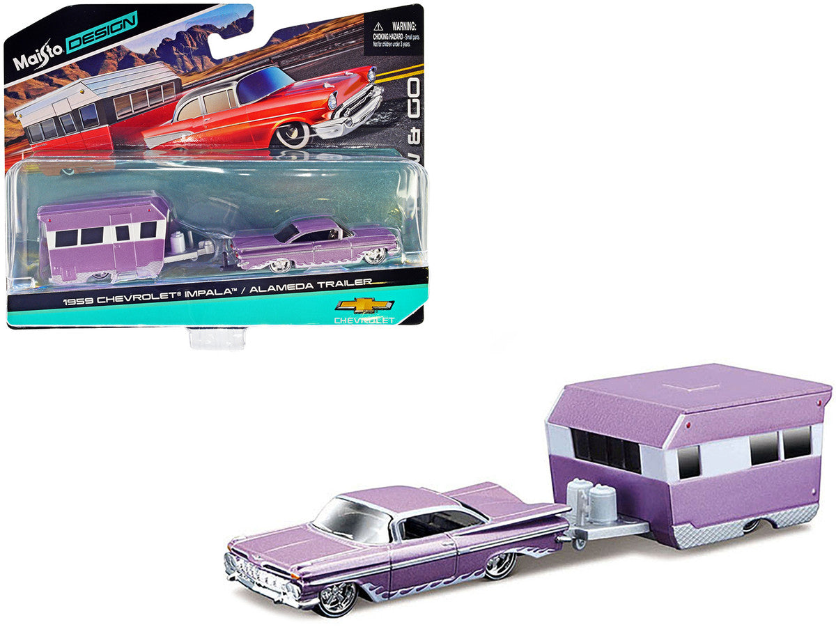 1959 Chevrolet Impala Purple Metallic with White Graphics and Alameda Trailer Purple Metallic and White "Tow & Go" Series 1/64 Diecast Model Car by Maisto-0