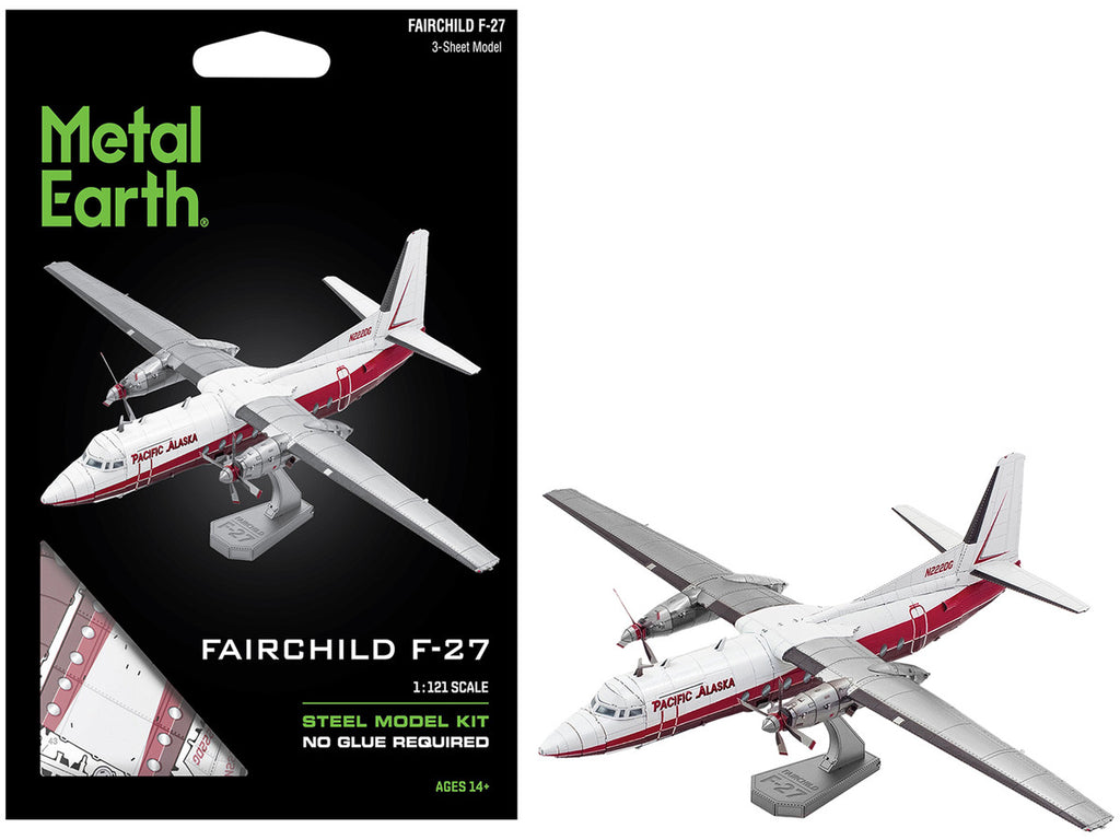 Model Kit Fairchild F-27 Commercial Aircraft "Pacific Alaska" White with Red Stripes (Moderate Difficulty) Steel Model by Metal Earth-0