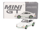 Porsche 911 Carrera RS 2.7 Grand Prix White with Green Stripes and Wheels Limited Edition 1/64 Diecast Model Car by Mini GT-1