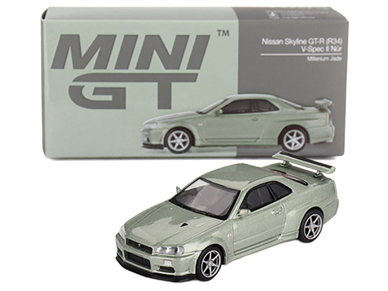 Nissan Skyline GT-R (R34) V-Spec II Nur RHD (Right Hand Drive) Millenium Jade Metallic Limited Edition 1/64 Diecast Model Car by Mini GT-1