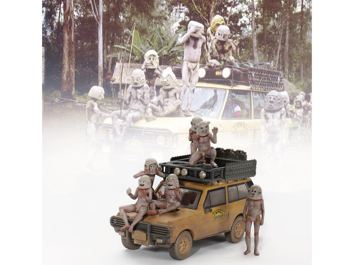 Range Rover with Roofrack Tan (Dirty Version) "Camel Trophy - Papua New Guinea Team USA" (1982) with "Papua New Guinea Asaro Mudmen" 6 piece Figure Set 1/64 Diecast Model Car by Mini GT-1