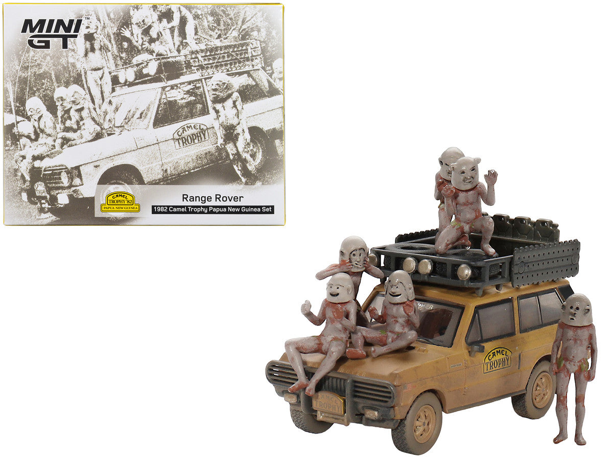 Range Rover with Roofrack Tan (Dirty Version) "Camel Trophy - Papua New Guinea Team USA" (1982) with "Papua New Guinea Asaro Mudmen" 6 piece Figure Set 1/64 Diecast Model Car by Mini GT-0