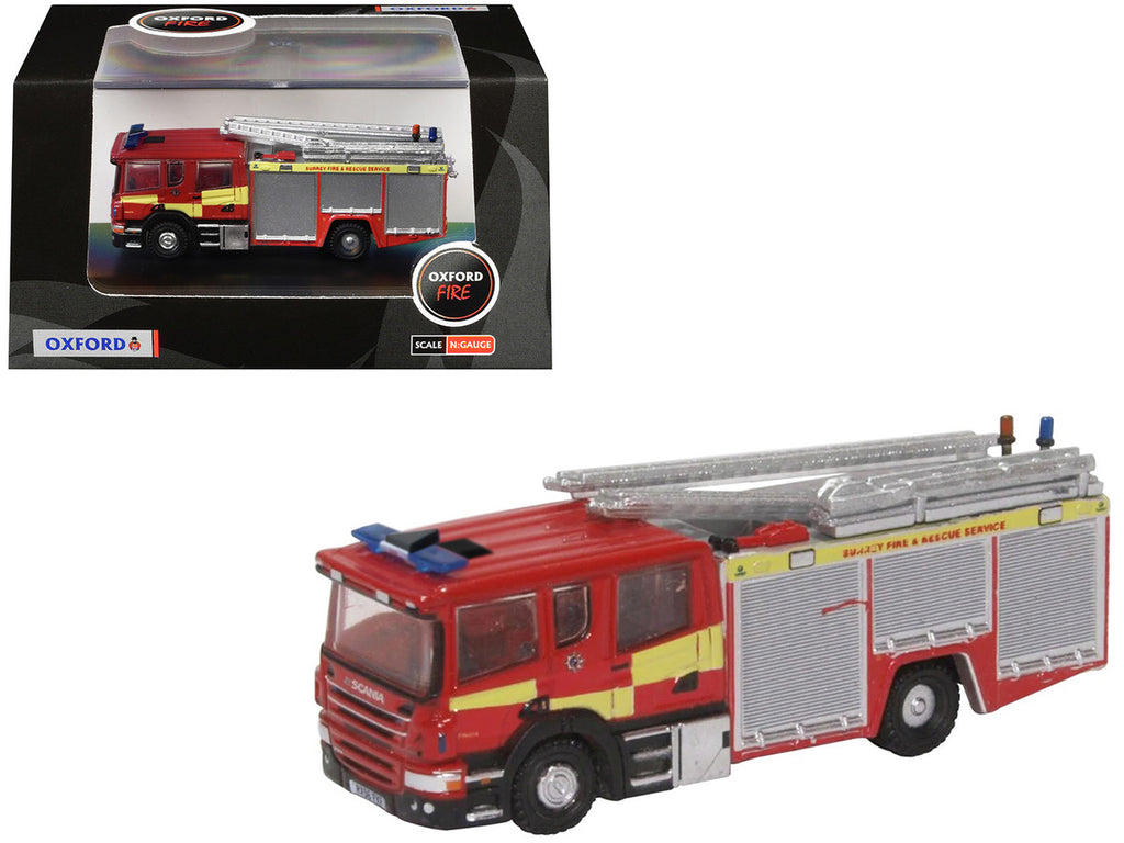 Scania Pump Ladder Fire Engine "Surrey Fire and Rescue" Red with Yellow Stripes 1/148 (N) Scale Diecast Model Car by Oxford Diecast-2