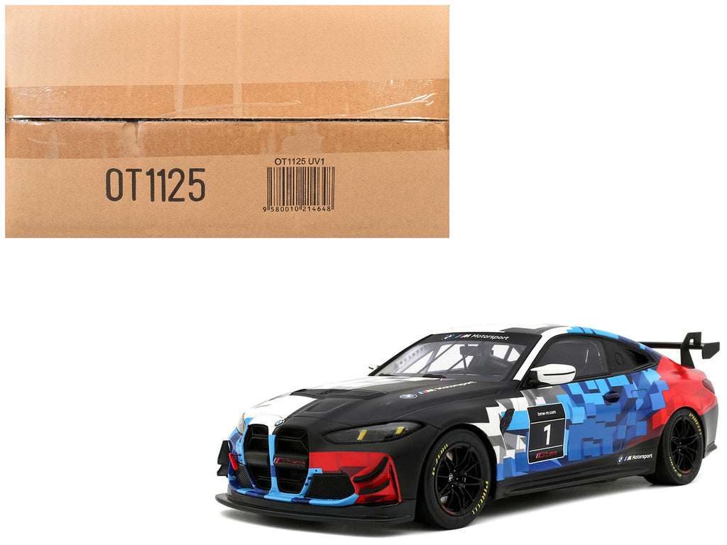 2024 BMW M4 GT4 #1 "M Motorsport Livery" Black and White with Red and Blue Graphics Limited Edition to 999 pieces Worldwide 1/18 Model Car by Otto Mobile-4