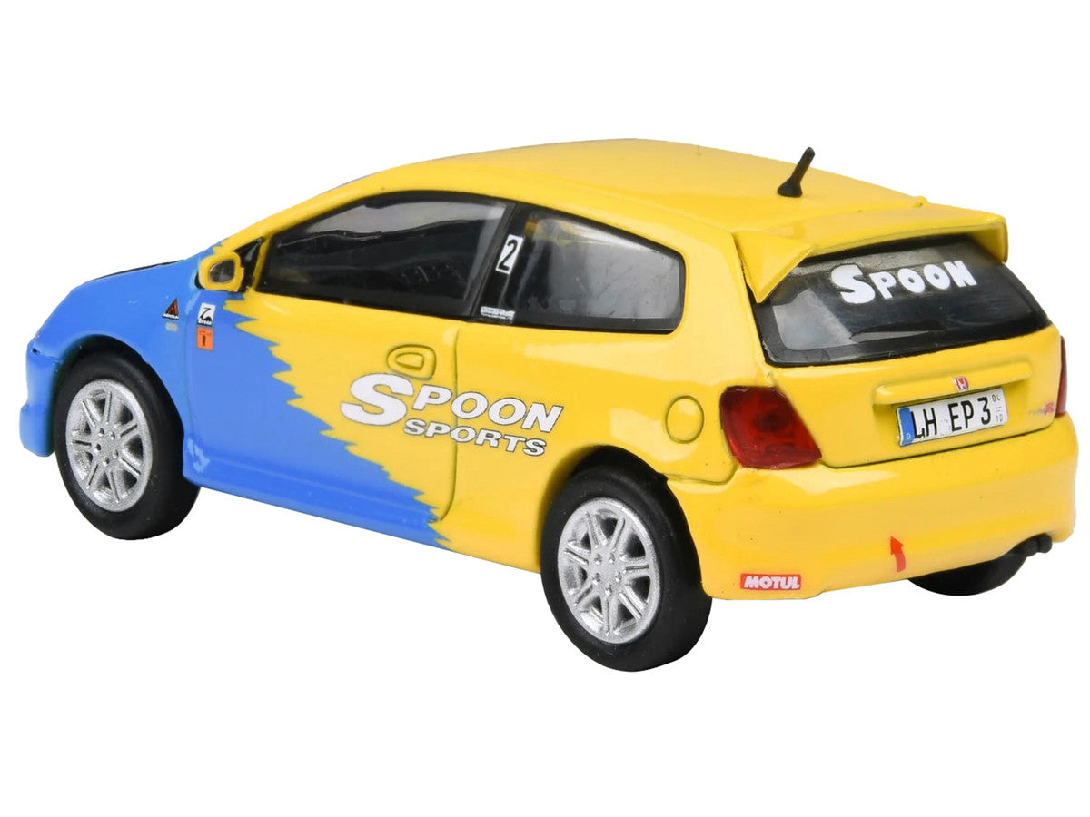 2001 Honda Civic Type R EP3 Blue and Yellow with Black Hood "Spoon Sports" 1/64 Diecast Model Car by Paragon Models-2