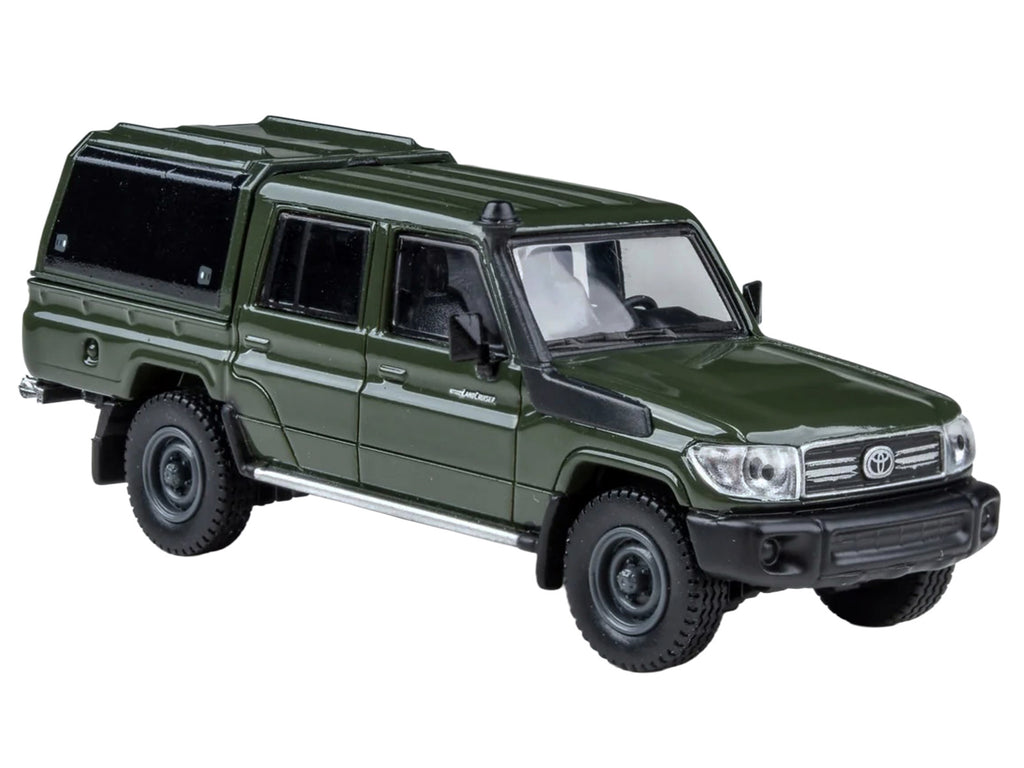 2014 Toyota Land Cruiser LC 79 with Camper Shell Military Green 1/64 Diecast Model Car by Paragon