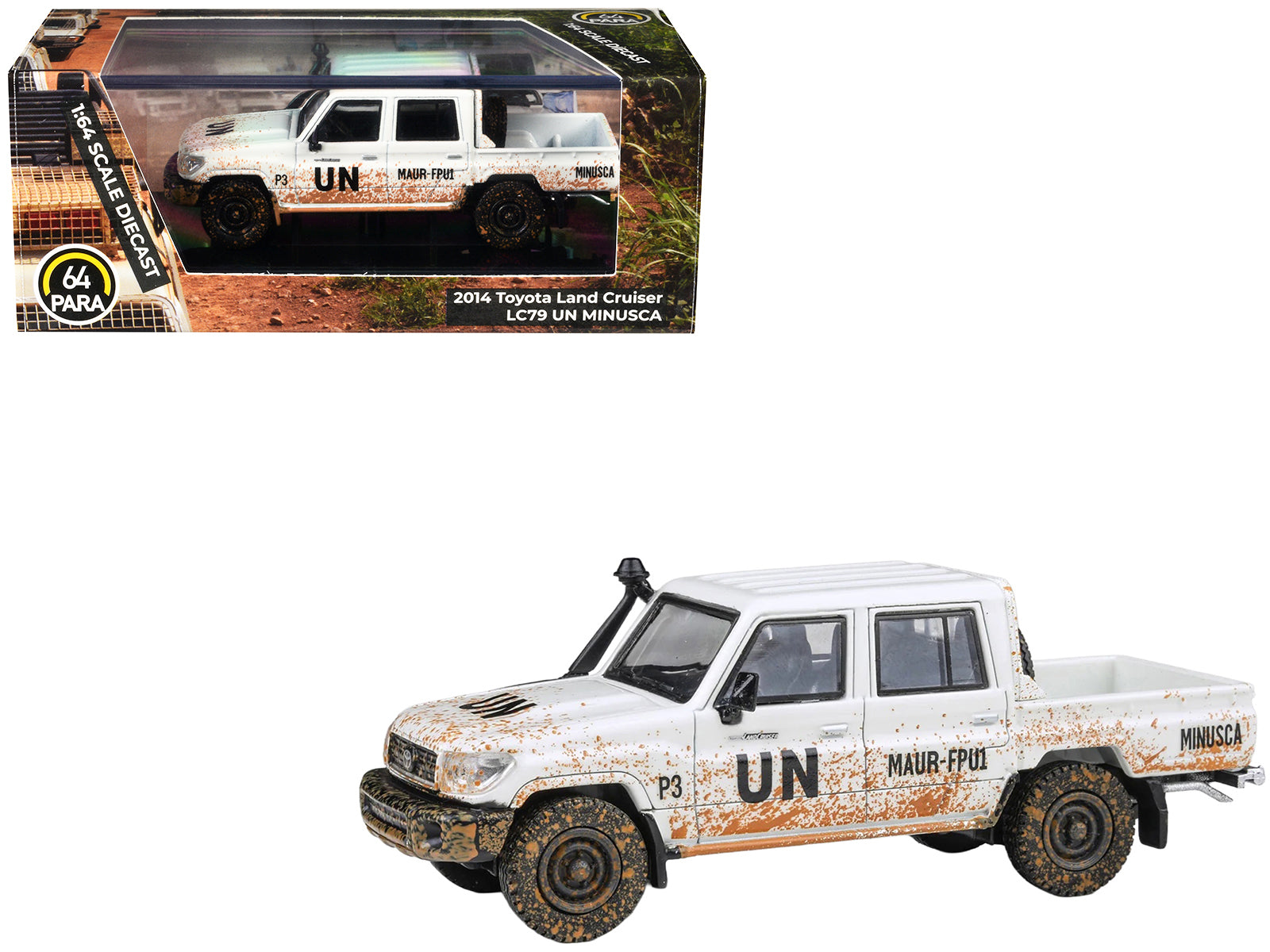 2014 Toyota Land Cruiser LC 79 Pickup Truck "UN MINUSCA" White (Dirty Version) 1/64 Diecast Model Car by Paragon