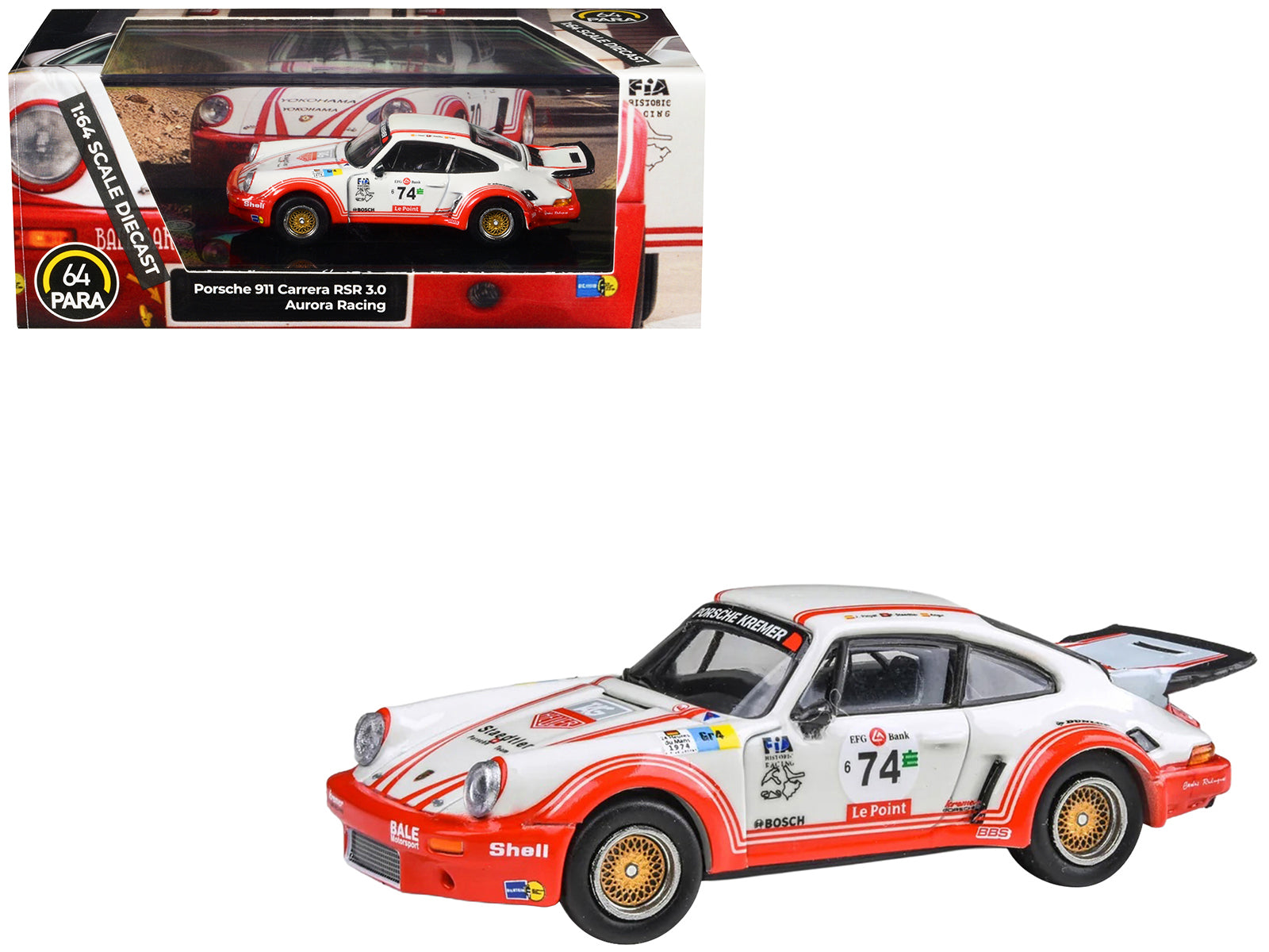 Porsche 911 Carrera RSR 3.0 #74 "Aurora Racing" White with Red Stripes 1/64 Diecast Model Car by Paragon
