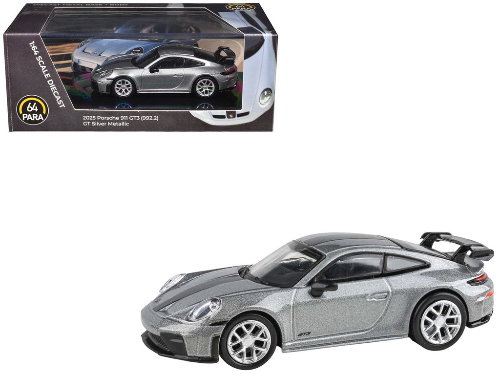 2025 Porsche 911 GT3 (992.2) GT Silver Metallic with Carbon Stripe 1/64 Diecast Model Car by Paragon Models-3