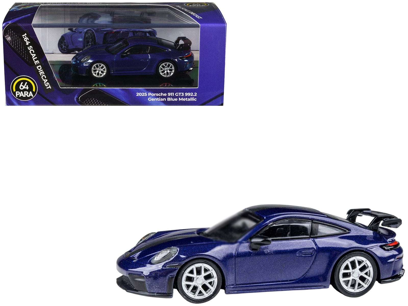 2025 Porsche 911 GT3 (992.2) Gentian Blue Metallic with Carbon Stripe 1/64 Diecast Model Car by Paragon