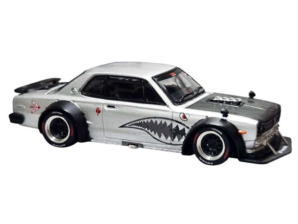 Skyline GT-R V8 Drift "Hakosuka" RHD (Right Hand Drive) Silver Metallic with Carbon Hood and Shark Mouth Graphics "Enigma Exclusive Edition" 1/64 Diecast Model Car by Pop Race-0