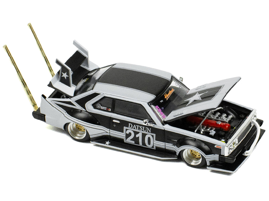 Skyline C210 "Bosozoku Style" RHD (Right Hand Drive) #210 Matt Black and Silver 1/64 Diecast Model Car by Pop Race-1