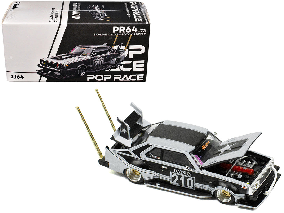 Skyline C210 "Bosozoku Style" RHD (Right Hand Drive) #210 Matt Black and Silver 1/64 Diecast Model Car by Pop Race-0