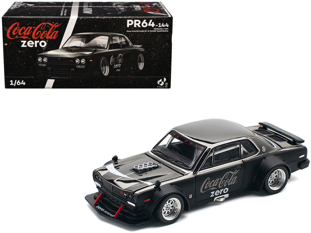 Skyline GT-R V8 Drift "Hakosuka" RHD (Right Hand Drive) "Coca-Cola Zero" Dark Chrome and Black 1/64 Diecast Model Car by Pop Race-3