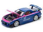 Mazda RX-7 RE-Amemiya Widebody RHD (Right Hand Drive) Blue with Pink Hood and Stripes 1/64 Diecast Model Car by Pop Race-3