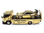 Nissan Pandem Fuso-300 Flatbed Truck RHD (Right Hand Drive) Gold Chrome and RWB 930 Gold Chrome with Graphics 2 Car Box Set "Hobby Expo China 2026" 1/64 Diecast Model Car by Pop Race-1