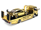 Nissan Pandem Fuso-300 Flatbed Truck RHD (Right Hand Drive) Gold Chrome and RWB 930 Gold Chrome with Graphics 2 Car Box Set "Hobby Expo China 2026" 1/64 Diecast Model Car by Pop Race-3