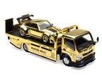 Nissan Pandem Fuso-300 Flatbed Truck RHD (Right Hand Drive) Gold Chrome and RWB 930 Gold Chrome with Graphics 2 Car Box Set "Hobby Expo China 2026" 1/64 Diecast Model Car by Pop Race-2