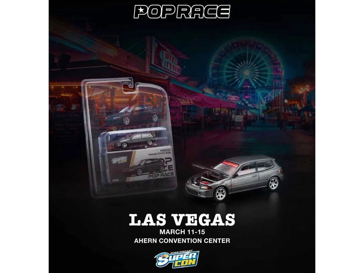Honda Civic EG6 RHD (Right Hand Drive) Gray Metallic with Red Interior "2026 Diecast Super Con Las Vegas Event Exclusive" 1/64 Diecast Model Car by Pop Race-1