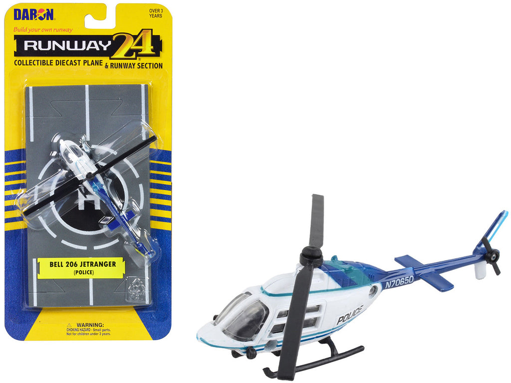 Bell 206 Jetranger Helicopter White and Blue "Police-N70650" with Runway Section Diecast Model by Runway24-0