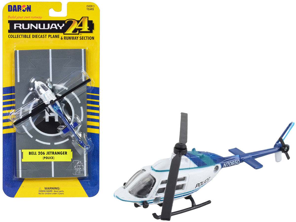 Bell 206 Jetranger Helicopter White and Blue "Police-N70650" with Runway Section Diecast Model by Runway24-0