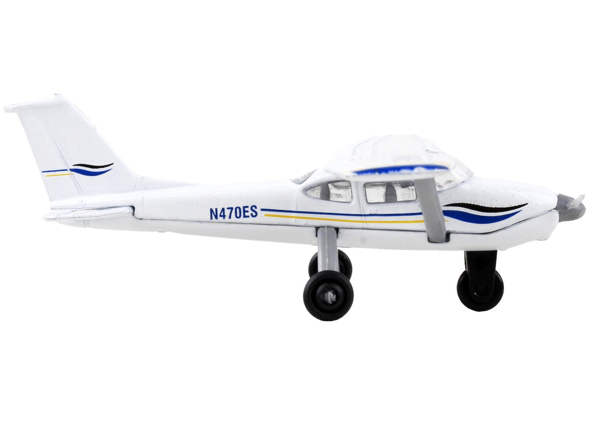 Cessna 172 Aircraft White with Blue and Yellow Stripes "N470ES" with Runway Section Diecast Model Airplane by Runway24-1