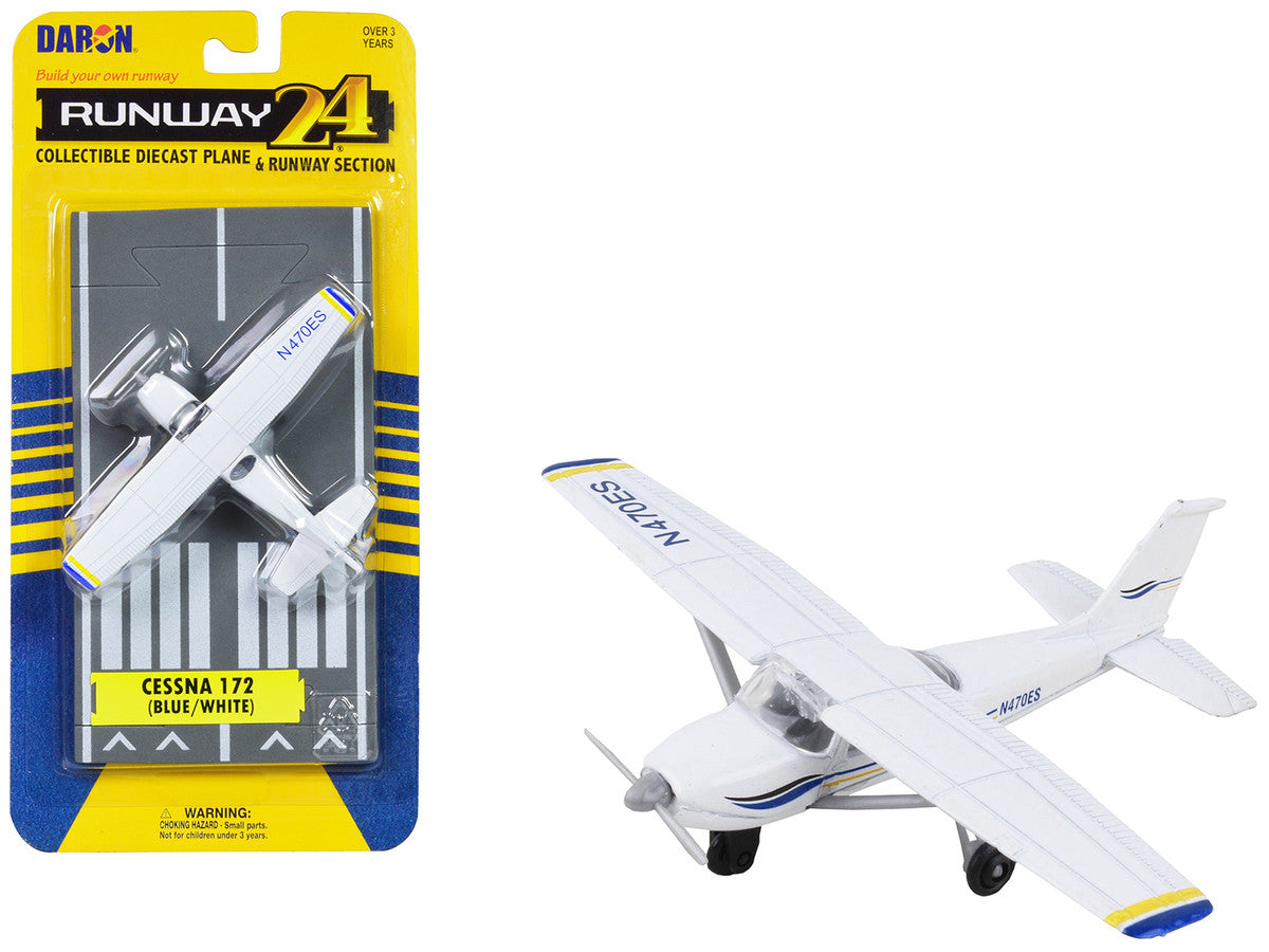 Cessna 172 Aircraft White with Blue and Yellow Stripes "N470ES" with Runway Section Diecast Model Airplane by Runway24-0
