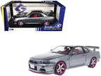 1999 Nissan Skyline GT-R (R34) RHD (Right Hand Drive) Silver Metallic with Purple Wheels 1/18 Diecast Model Car by Solido-4