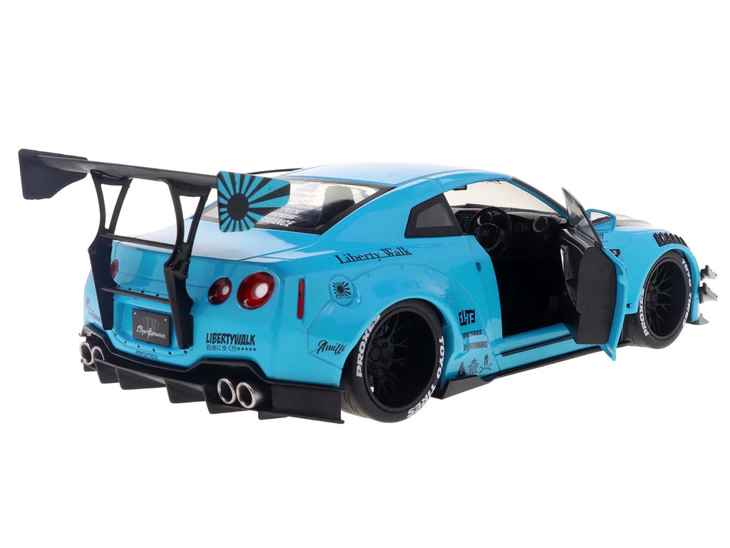 2023 Nissan GT-R (R35) Liberty Walk Body Kit 2.0 RHD (Right Hand Drive) Baby Blue with Carbon Hood 1/18 Diecast Model Car by Solido-2