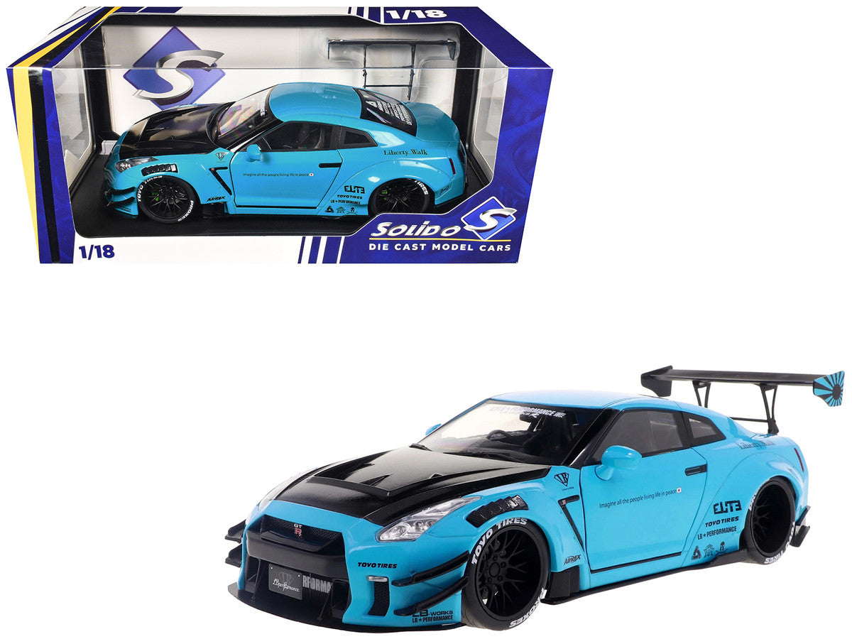 2023 Nissan GT-R (R35) Liberty Walk Body Kit 2.0 RHD (Right Hand Drive) Baby Blue with Carbon Hood 1/18 Diecast Model Car by Solido-4