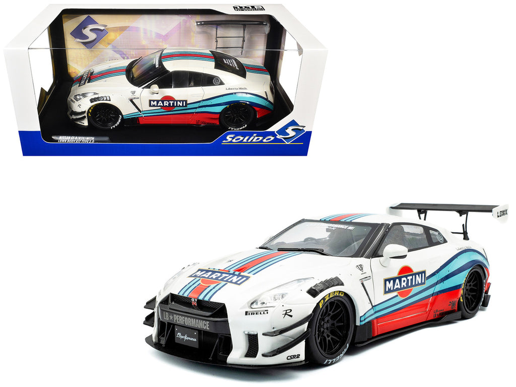 2024 Nissan GT-R (R35) RHD (Right Hand Drive) with Liberty Walk 2.0 Body Kit "Martini Racing" White with Stripes 1/18 Diecast Model Car by Solido-4