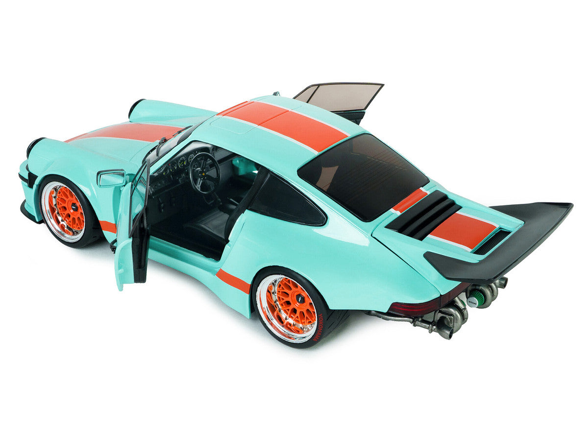 2025 Porsche 911 KS-R by Khyzyl Saleem "Blue Racer" Light Blue with Orange Stripes 1/18 Diecast Model Car by Solido-2