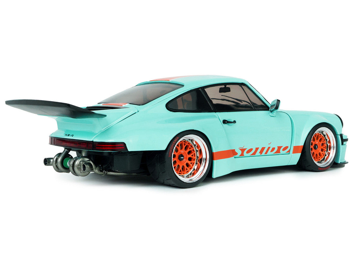 2025 Porsche 911 KS-R by Khyzyl Saleem "Blue Racer" Light Blue with Orange Stripes 1/18 Diecast Model Car by Solido-1