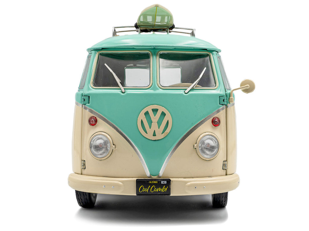 2024 Volkswagen Cool Combi Van with Trailer "Long Beach Surfing Club" Mint Green and Cream with Roof Rack and Surfboard 1/18 Diecast Model Car by Solido-2