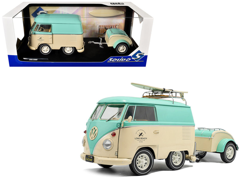 2024 Volkswagen Cool Combi Van with Trailer "Long Beach Surfing Club" Mint Green and Cream with Roof Rack and Surfboard 1/18 Diecast Model Car by Solido-4