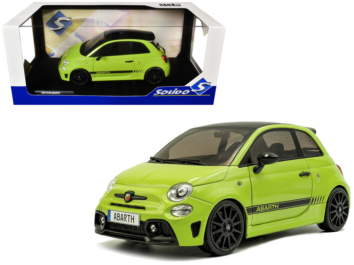 2023 Fiat F595 Abarth Verde Adrenalina Green with Black Top and Stripes 1/18 Diecast Model Car by Solido-0