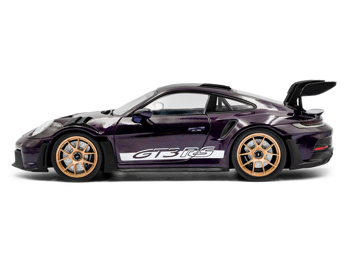 2024 Porsche 911 GT3 RS Weissach Package Viola Purple Metallic with Carbon Hood Stripes and Top 1/18 Diecast Model Car by Solido-0
