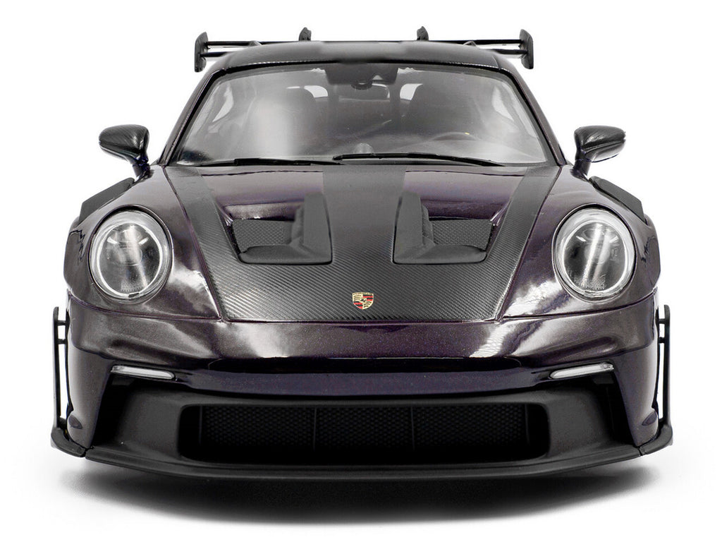 2024 Porsche 911 GT3 RS Weissach Package Viola Purple Metallic with Carbon Hood Stripes and Top 1/18 Diecast Model Car by Solido-2