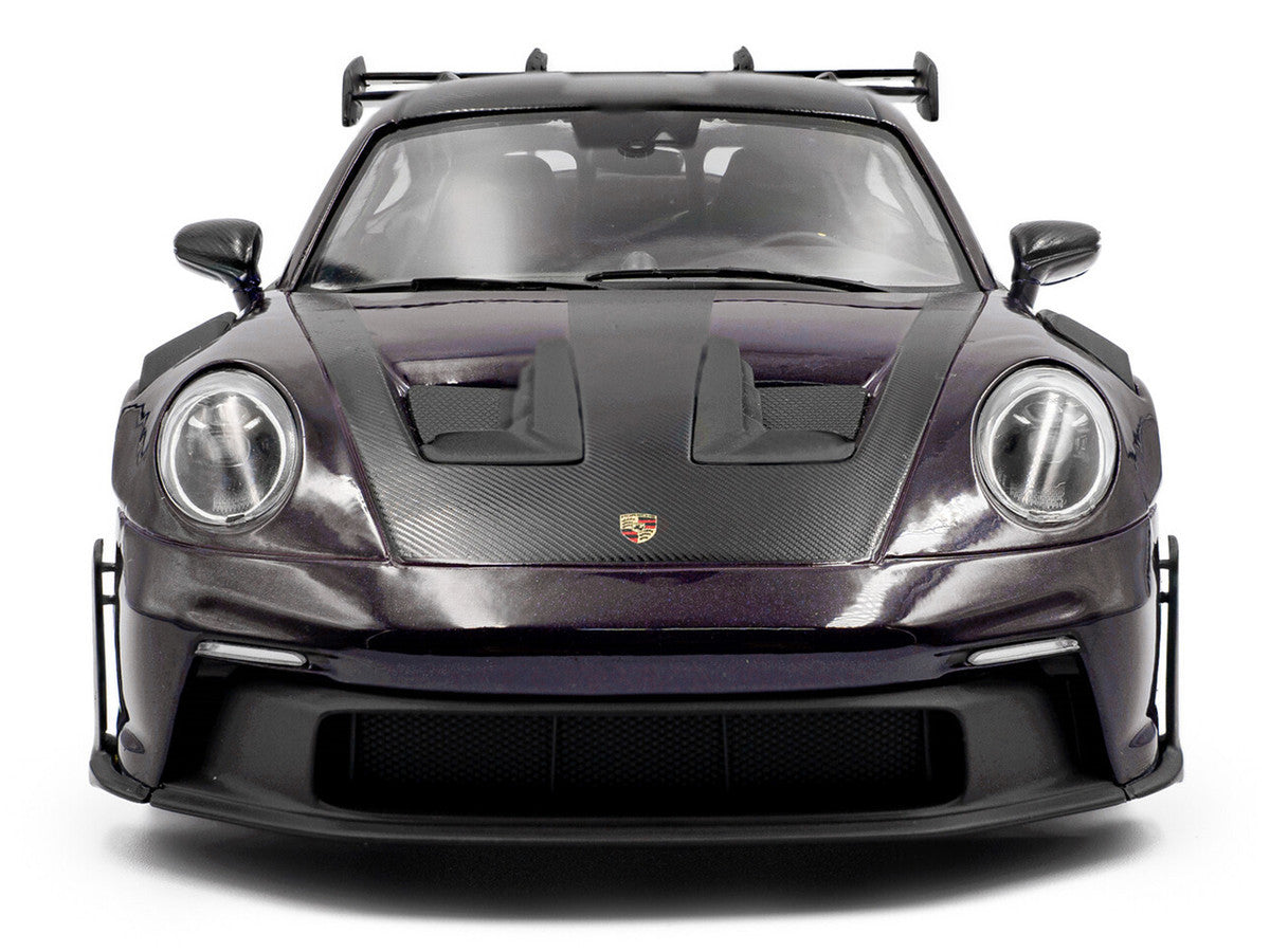 2024 Porsche 911 GT3 RS Weissach Package Viola Purple Metallic with Carbon Hood Stripes and Top 1/18 Diecast Model Car by Solido-2