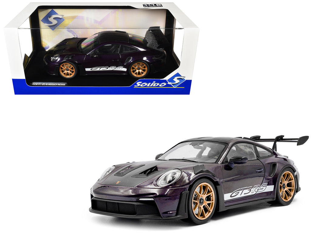 2024 Porsche 911 GT3 RS Weissach Package Viola Purple Metallic with Carbon Hood Stripes and Top 1/18 Diecast Model Car by Solido-4