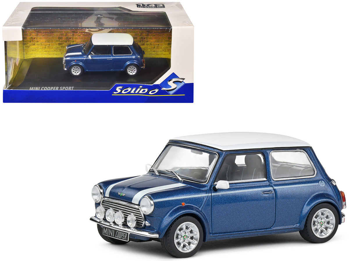 1994 Mini Cooper Sport Tahiti Blue Metallic with White Top and Stripes 1/43 Diecast Model Car by Solido-4
