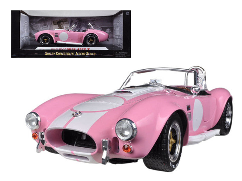 1965 Shelby Cobra 427 S/C Pink with White Stripes with Printed Carroll Shelby Signature's on the Trunk 1/18 Diecast Model Car by Shelby Collectibles-0