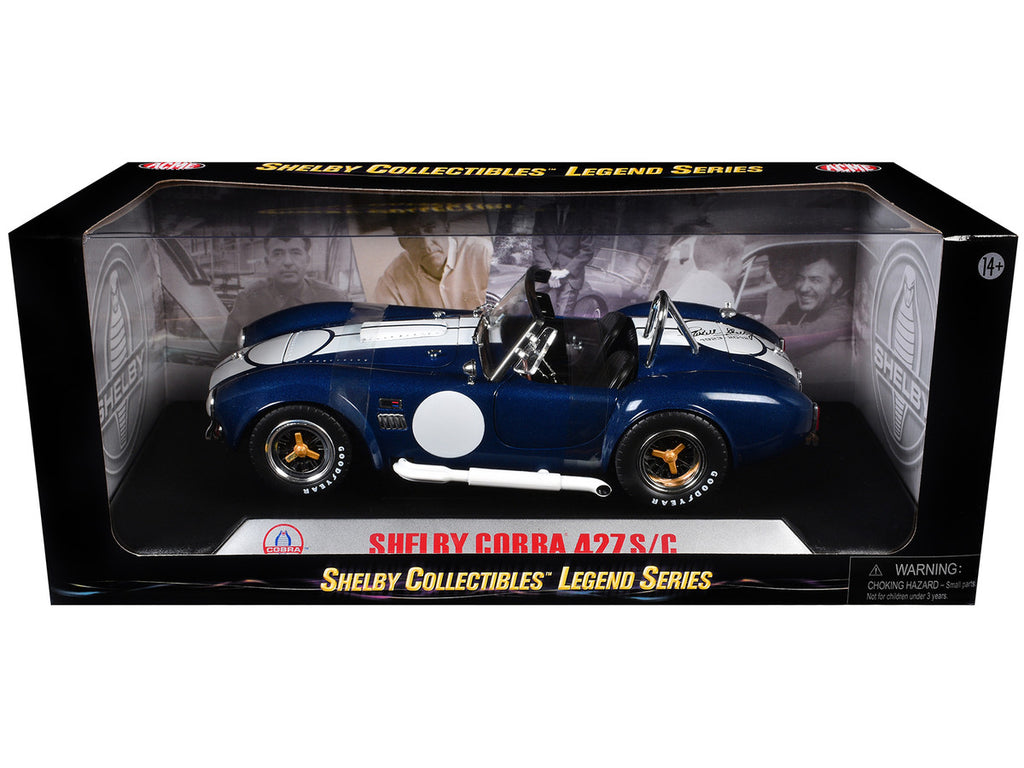 1965 Shelby Cobra 427 S/C Dark Blue Metallic with White Stripes with Printed Carroll Shelby's Signature on the Trunk 1/18 Diecast Model Car by Shelby Collectibles-1