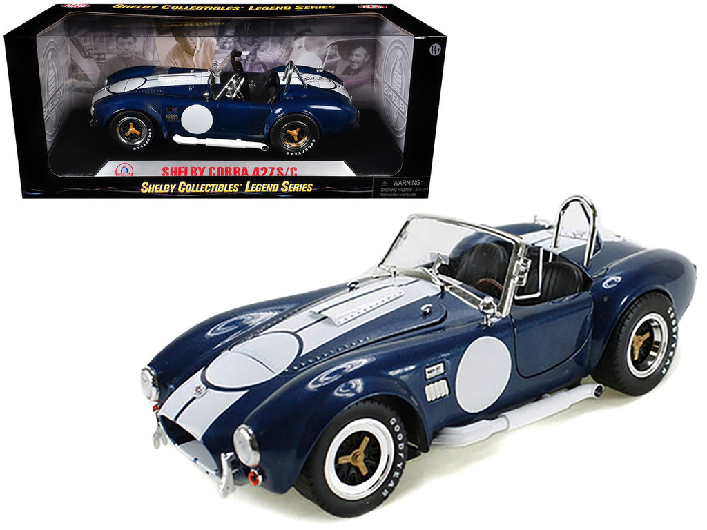 1965 Shelby Cobra 427 S/C Dark Blue Metallic with White Stripes with Printed Carroll Shelby's Signature on the Trunk 1/18 Diecast Model Car by Shelby Collectibles-2