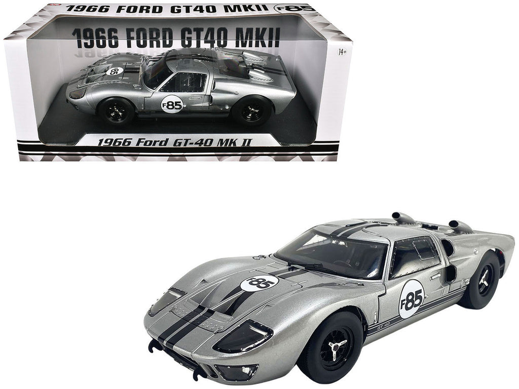 1966 Ford GT-40 MKII #F85 Silver Metallic with Black Stripes 1/18 Diecast Model Car by ACME-3