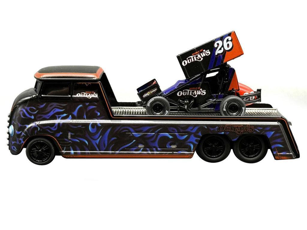 "World Of Outlaws 2026" Winged Sprint Car #26 Black with Stripes and Custom Hauler Black with Graphics 1/64 Diecast Model Cars by ACME-2
