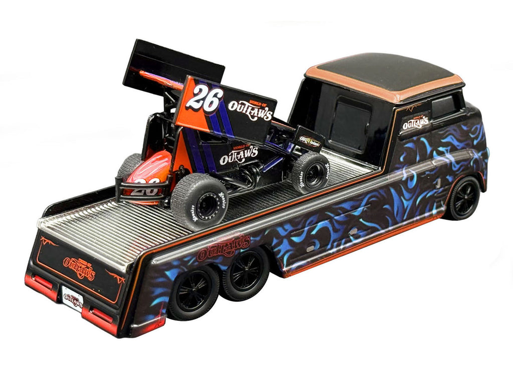 "World Of Outlaws 2026" Winged Sprint Car #26 Black with Stripes and Custom Hauler Black with Graphics 1/64 Diecast Model Cars by ACME-1