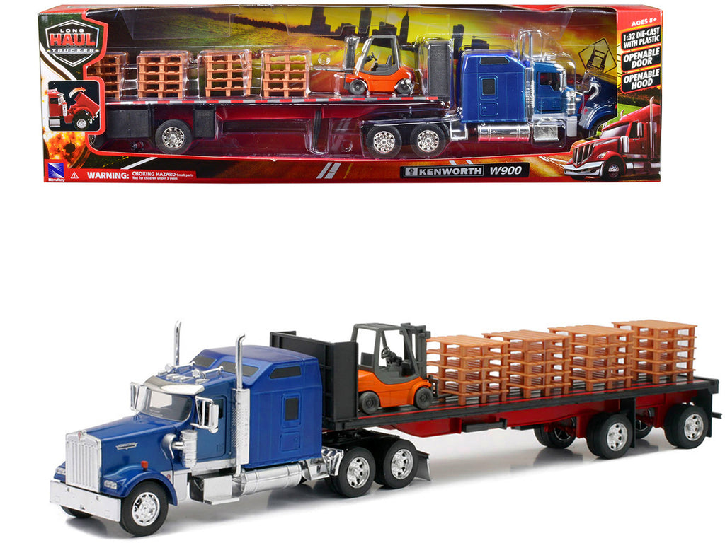 Kenworth W900 Truck with Flatbed Trailer Blue with Forklift and Pallets "Long Haul Truckers" Series 1/32 Diecast Model by New Ray-0