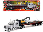 Peterbilt 389 Truck with Flatbed Trailer Silver Metallic with Excavator and Wind Turbine "Long Haul Truckers" Series 1/32 Diecast Model by New Ray-0